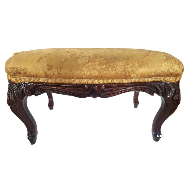 Canary Yellow American Victorian 19th C Carved Mahogany Upholstered Footstool Bench For Sale - Image 8 of 12
