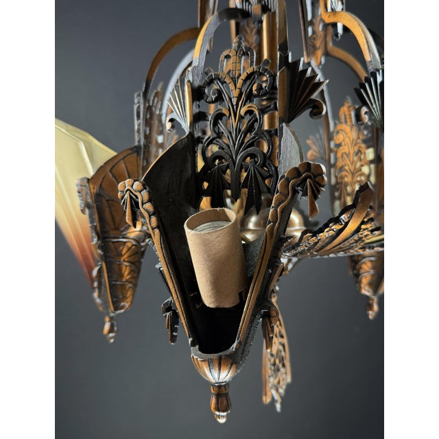 1930s Mid-West Mfg. Soleure Series Art Deco 5-Light Slip Shade Chandelier in Cast Bronze For Sale - Image 10 of 14