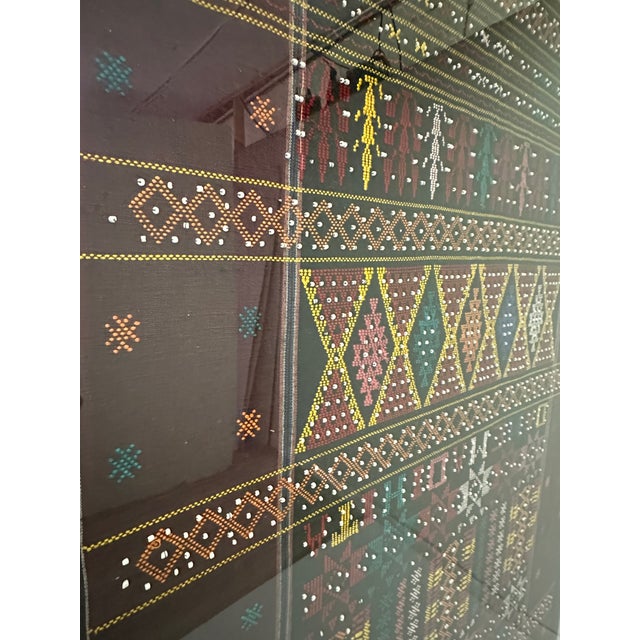 Very large detailed antique Baluch Afghanistan tribal nomadic kilim runner rug framed expertly in lucite. Features...