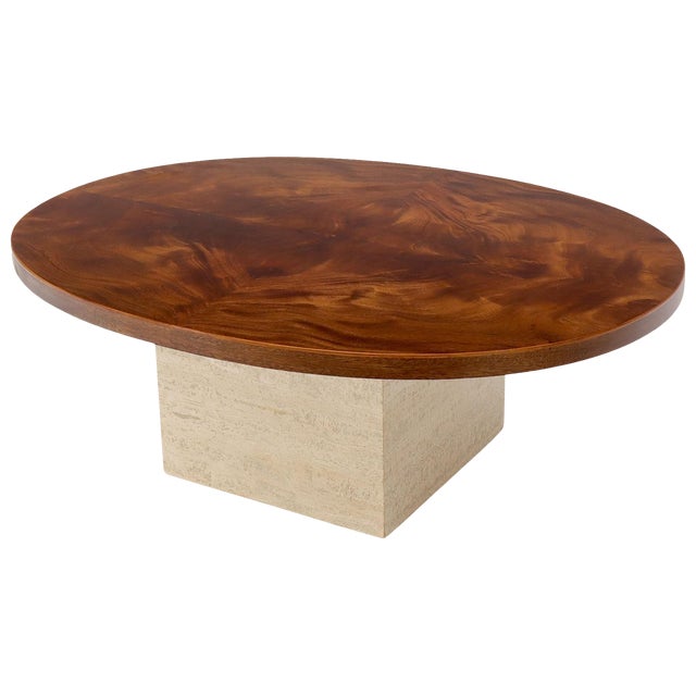 Mid Century Modern Oval Walnut Top Travertine Cube Base Coffee