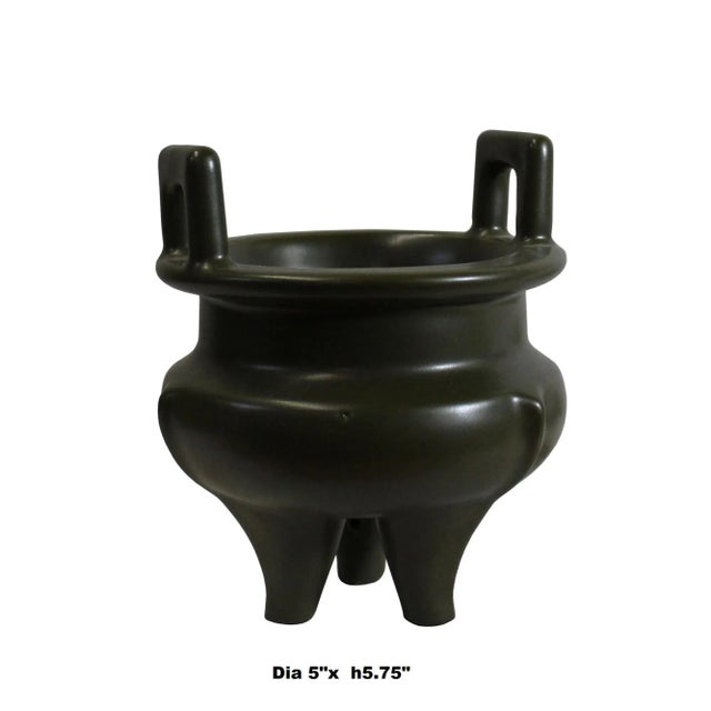 Chinese Chinese Handmade Dark Olive Army Green Ceramic Accent Ding Holder For Sale - Image 3 of 7