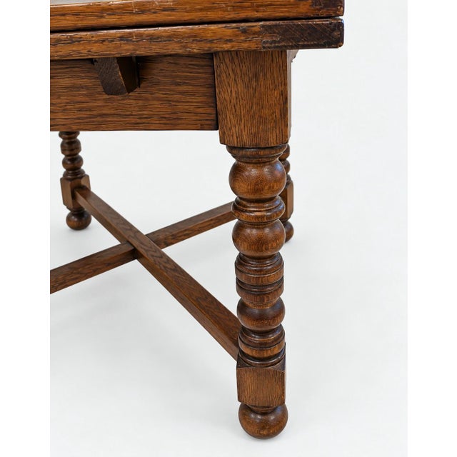Antique English Jacobean Revival Oak Draw Leaf Mahjong Game Table, C. 1920s For Sale - Image 4 of 8