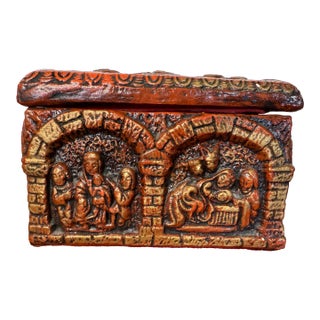 Mid 20th Century Vintage Ceramic/Stone Decorative and Carved Trinket Jewelry Box in Dark Velvety Reddish Colors For Sale