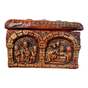 Mid 20th Century Vintage Ceramic/Stone Decorative and Carved Trinket Jewelry Box in Dark Velvety Reddish Colors