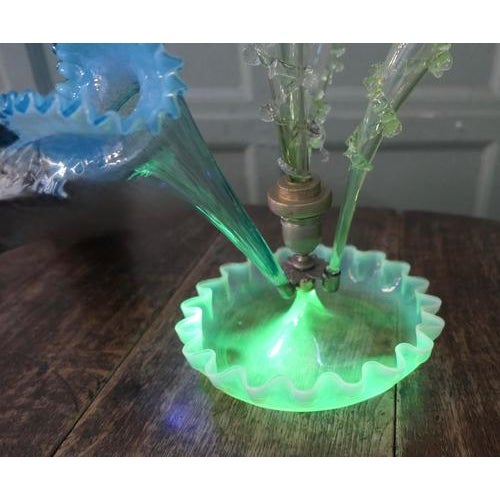French Hand Blown Uranium Glass Three Trumpet Epergne, 1900 For Sale - Image 6 of 9