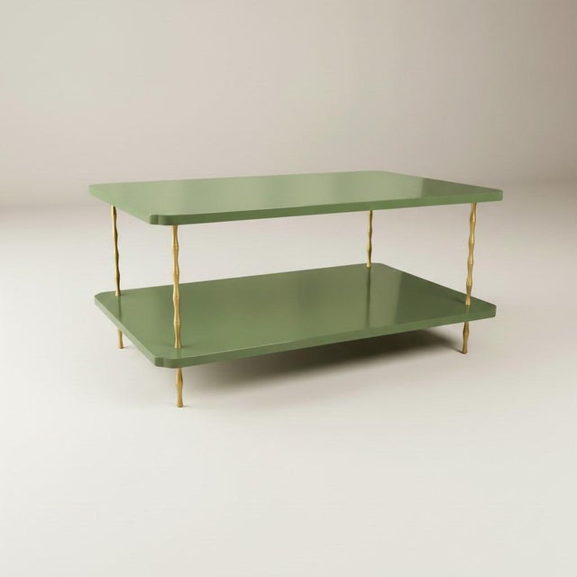 Contemporary Handcrafted Satin Forest Hills Green Lacquered Two-Layer Coffee Table With Brass Bamboo Legs For Sale - Image 3 of 6