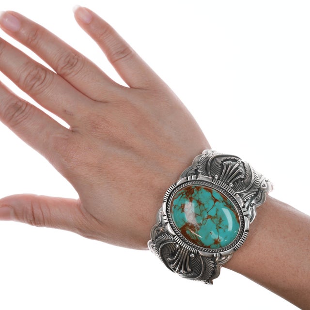 7.25" Marcella James Navajo Silver and Turquoise Cuff Bracelet For Sale - Image 11 of 11