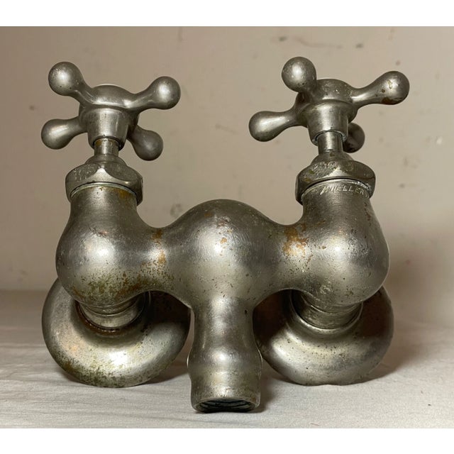 1910s Antique Nickel Plated Brass Mueller Porcelain Industrial Wall Faucet Fixture For Sale - Image 5 of 12