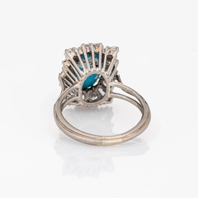 Mid 20th Century 1ct Diamond Turquoise Square Ring Vintage 18k White Gold Cocktail Jewellery size 7.5 For Sale - Image 5 of 6