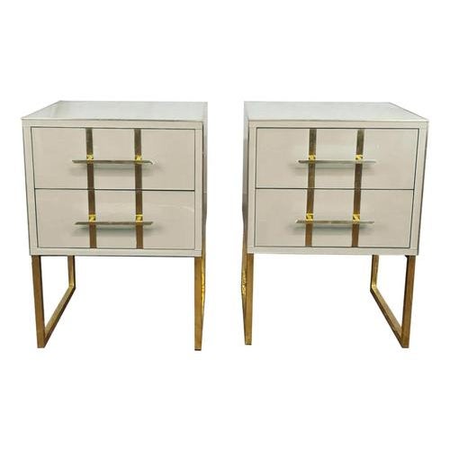 White Murano Opaline Glass Nightstands with Brass Trim and Legs by Justfurnituress, Set of 2 For Sale - Image 6 of 6