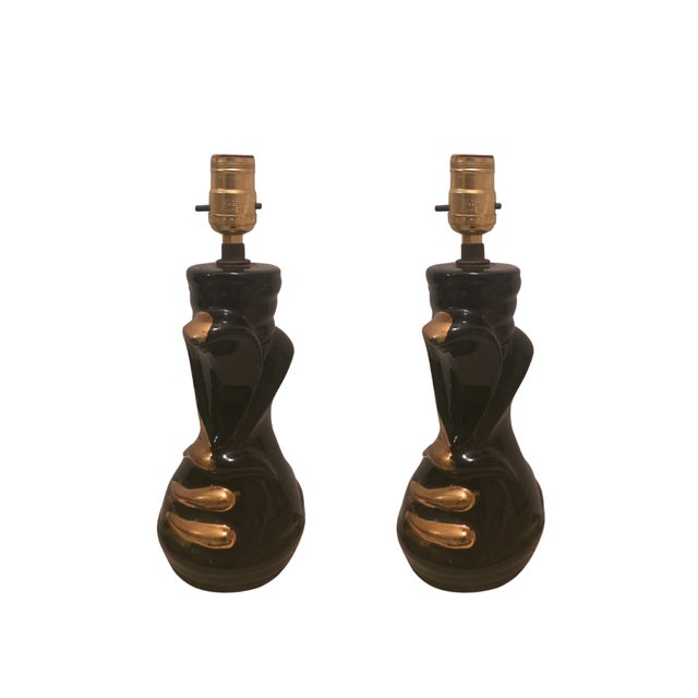 Mid-Century Modern Pair of 1950s Black Glazed Ceramic Lamps With Gold Gilt Accents For Sale - Image 3 of 8