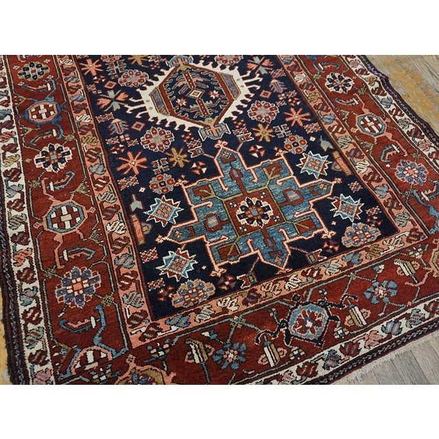 Excellent Navy Background With Symmetric Knots Geometric Pattern Antique Persian Karajeh Rug For Sale - Image 13 of 15