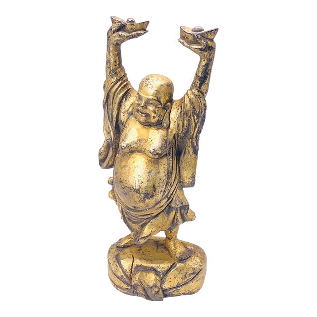 Patinated Wooden Buddha Sculpture in Gilt Color For Sale