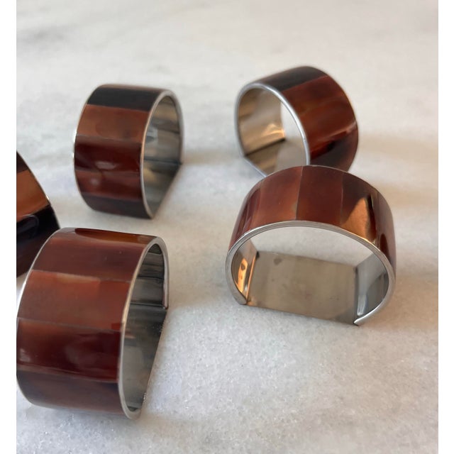 Vintage Brown Mother of Pearl and Chrome Silver Napkin Rings - Set of 6 For Sale - Image 4 of 8