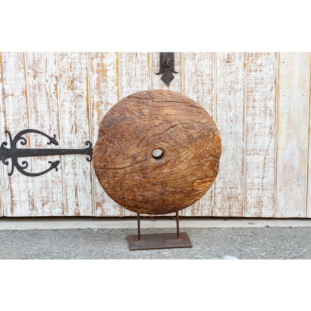 19th Century Large Antique Teak Wheel With Iron Stand For Sale - Image 5 of 8