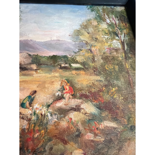 Black 1960s Original Signed Rural Landscape Painting With Barn and Horse and Children & Dog in Black Wood Frame For Sale - Image 8 of 16