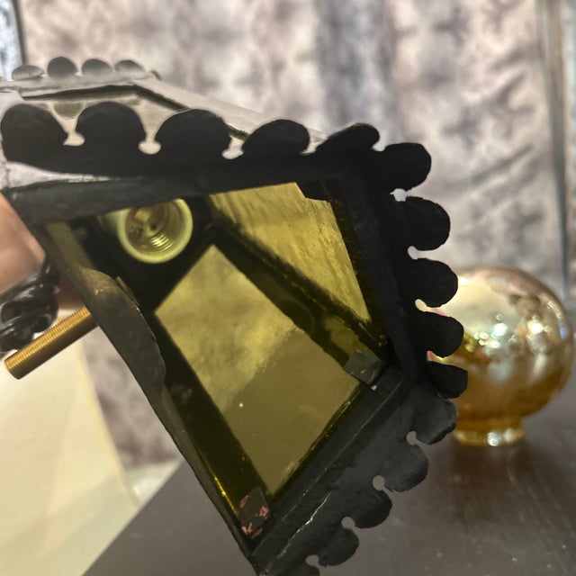 Metal Antique Black Metal Wall Lantern Light With Blown Glass Panels For Sale - Image 7 of 11