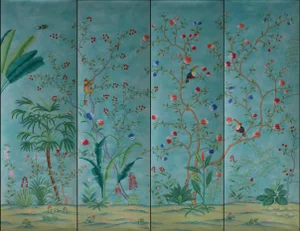 Chinoiserie Murals Hand Painted Wallpapers on Blue Edo Xuan Paper Panel - 4 Panels