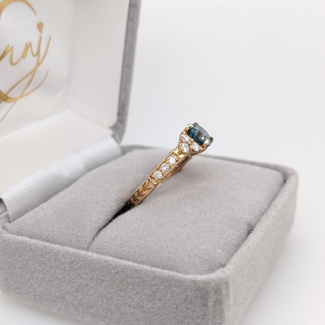 Blue Vintage Inspired Blue Diamond Ring: Solid 14k Yellow Gold, Round 6mm, Size 6.75 For Sale - Image 8 of 9