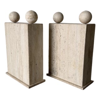 On Hold // 1980’s Postmodern Italian Geometric Travertine Dining Table Base - A Pair For Sale