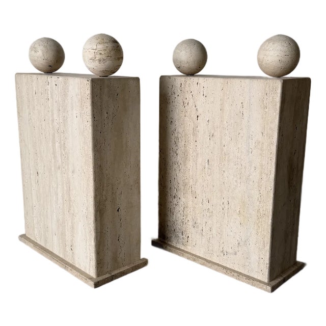 On Hold // 1980’s Postmodern Italian Geometric Travertine Dining Table Base - A Pair For Sale