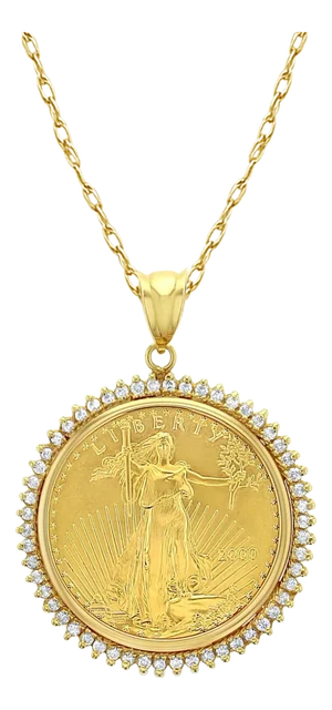 1OZ Fine Gold Lady Liberty Medallion Necklace with 1.10cttw Diamond Halo 16"