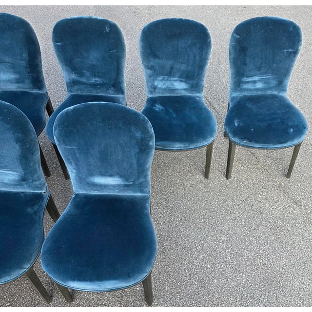 Wood Dessin Fournir Companies Set of 12 French Moderne Blue Velvet Upholstered Dining Chairs For Sale - Image 7 of 15