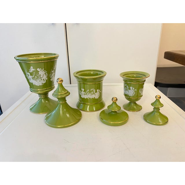 Vintage Green & Gold Lidded Jars With White Couple & Cupid Scene -Set of 3 For Sale - Image 4 of 11