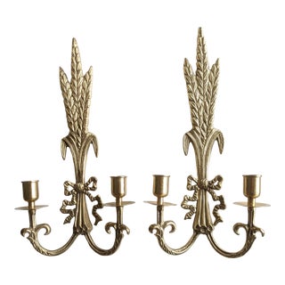 Vintage French Brass Wheat Sheath and Bow Wall Candle Sconces- a Pair For Sale