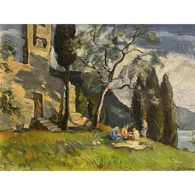 Oil on panel, landscape with figures, 20th century, Fossombrone This elegant panel painting depicts a landscape with...