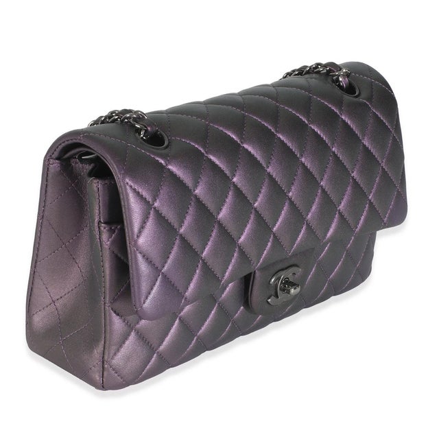 Traditional Purple Quilted Iridescent Lambskin Medium Classic Double Flap Bag For Sale - Image 3 of 9