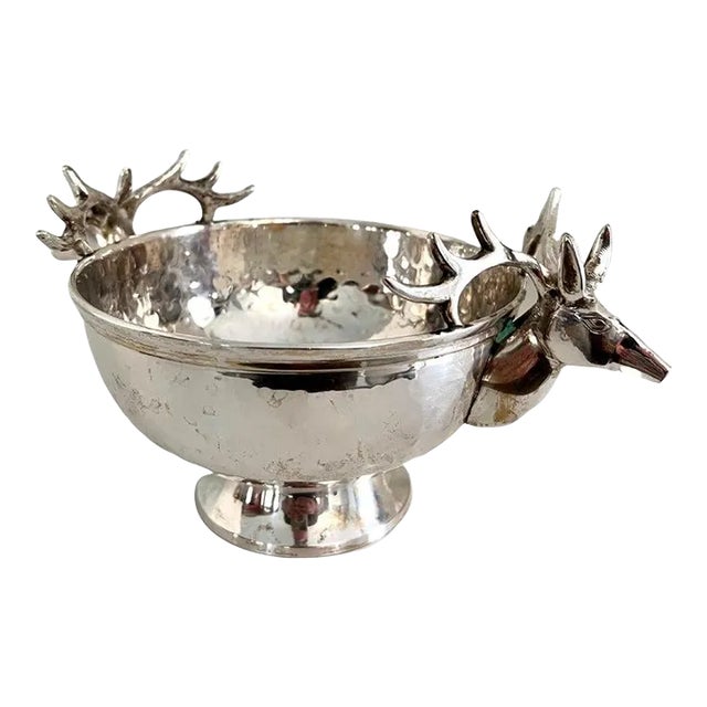Silver Plate Hammered Bowl with Stag Handles For Sale