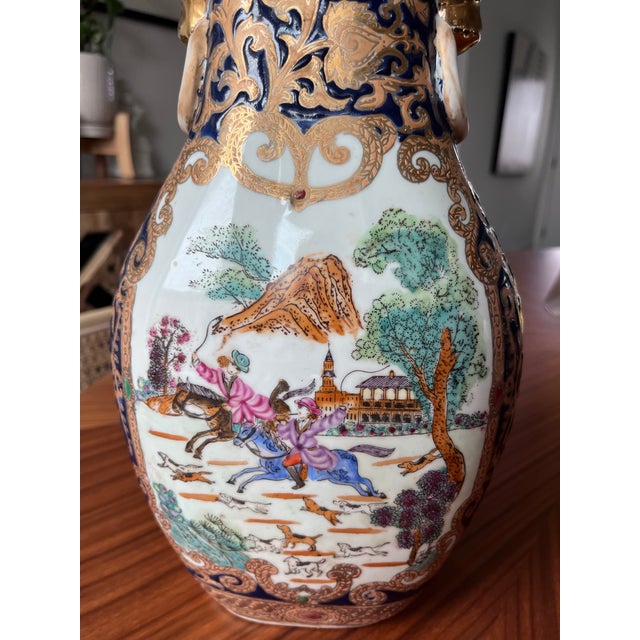 Mid 20th Century Chinese Export Vase Hunting Scene Motif With Foo Dog Handles For Sale - Image 11 of 12