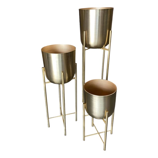 1990s Modernist Brass Spun Brass Planters With Stand - Set of 3 For Sale