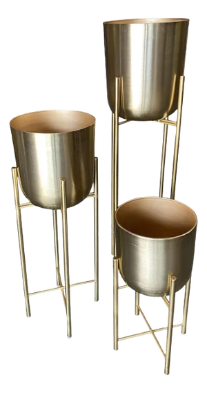 1990s Modernist Brass Spun Brass Planters With Stand - Set of 3