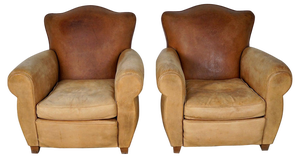 Set of French Cognac Moustache Back Leather Club Chairs, 1940s