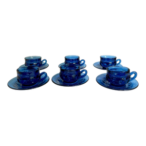 Set of 6 Vintage Crown Imperial Blue Glass Cup & Saucer Sets by Tiara