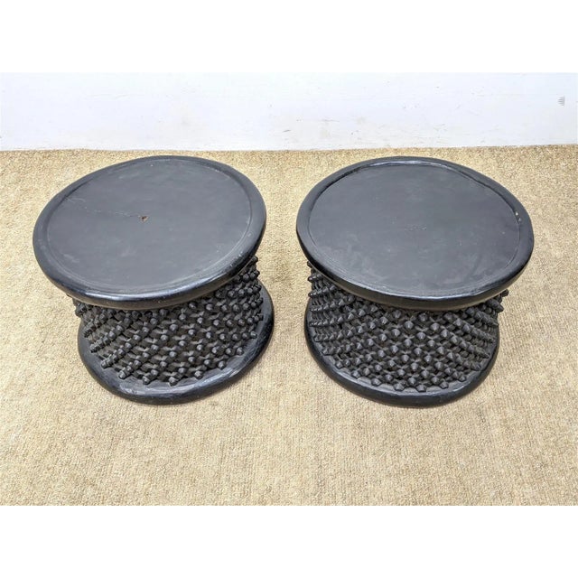 Bamileke Stools from Cameroon Pr Pierced Carved Wood Drum form Stools Low Tables. Primitive Tribal Forms