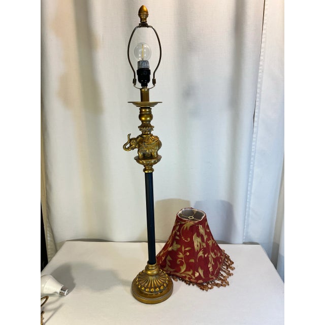 Hollywood Regency Vintage Regency Golden Elephant on Column Table Lamp With Beaded Shade For Sale - Image 3 of 11
