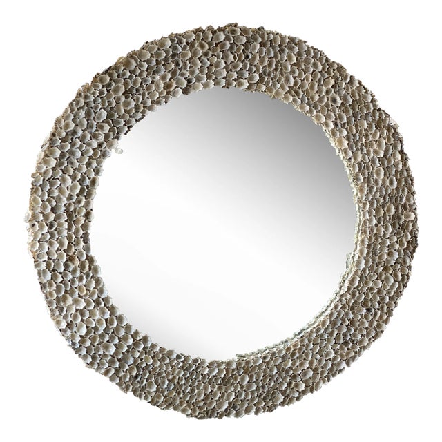 Vintage Seashell Shell Encrusted Round Circular Palm Beach Wall Mirror For Sale