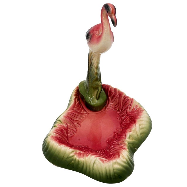 Mid Century Pink and Green Flamingo Ceramic Figurine in Flamingo Pool Ring Tray For Sale - Image 4 of 7