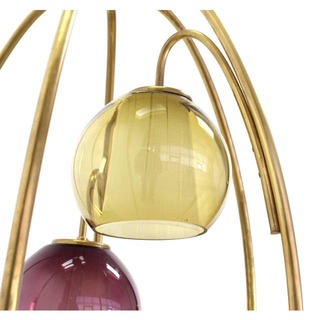 Paul McCobb Oval "Bird Cage" Brass Table Lamp Purple Blue Yellow Glass Globe Shades MINT! For Sale - Image 4 of 10
