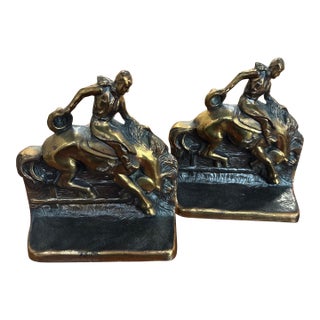 1940’s Dodge Bucking Broncos Cowboy Bronze Bookends For Sale