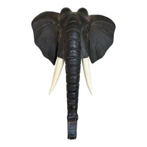 Large Vintage Dark Wooden Elephant With Tusks Sculpture Wall Mounted, Originally Handmade in Bali