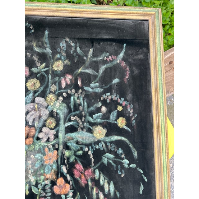 1950s Large Mid-Century Original Floral Painting on Velveteen – Framed 29" X 25" For Sale - Image 5 of 12