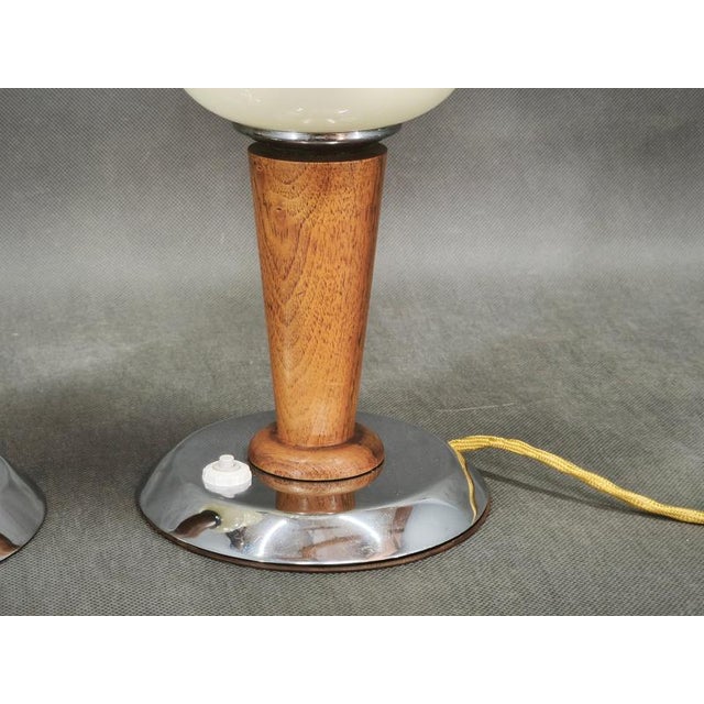 Metal Italian Opaline Glass, Wood and Chrome Table Lamps, 1950s, Set of 2 For Sale - Image 7 of 11