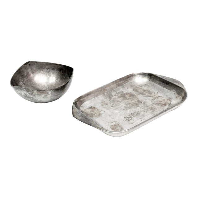 Large Mid Century Modern Nambe Free Form Alloy Metal Serving Platter & Bowl - 2 Pieces For Sale