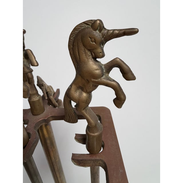 Mid-Century Modern Vintage Brass Unicorn MCM Fireplace Tool Set 3-Pc + Extra Topper 31” For Sale - Image 3 of 11