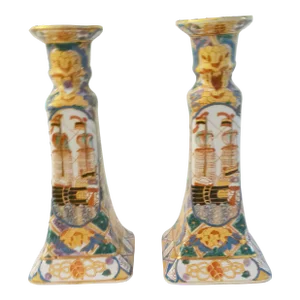 Vintage Chinese Botanical Ship Porcelain Candle Holders, a Pair