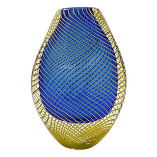 Blue Flattened Optical Twisted Vase with Yellow Twist For Sale